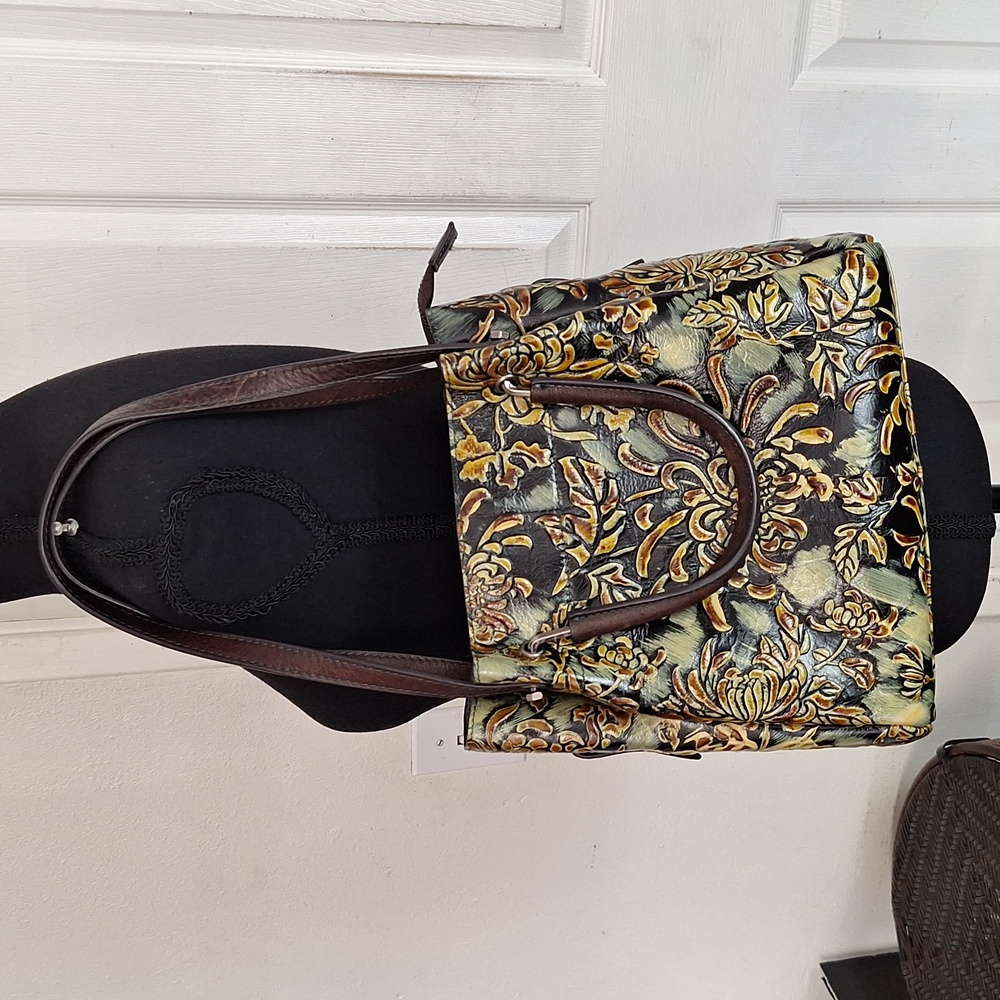 Floral Embossed Shoulder Bag in Green, Beige & Brown